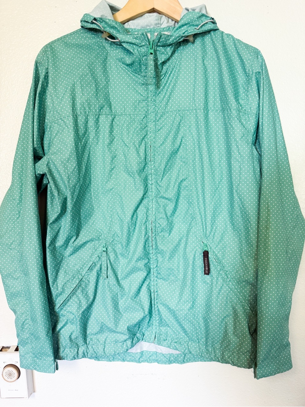 White Sierra Mint Green Polka Dot Hooded Windbreaker Jacket Large